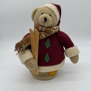 Holiday Teddy Bear with Skis - Red and Cream